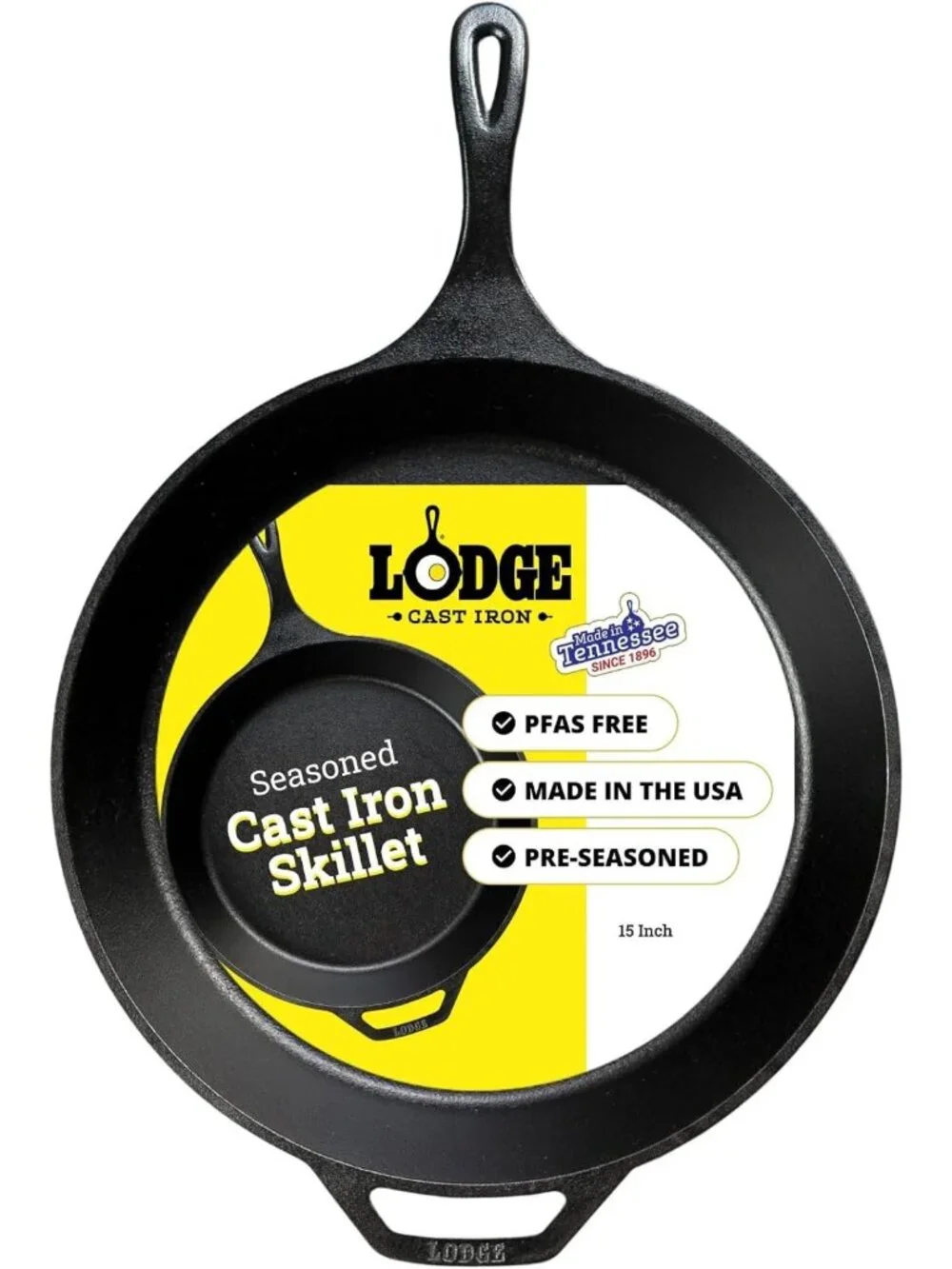 15-Inch Pre-Seasoned Cast Iron Skillet with Easy-Grip Handle for Cooking